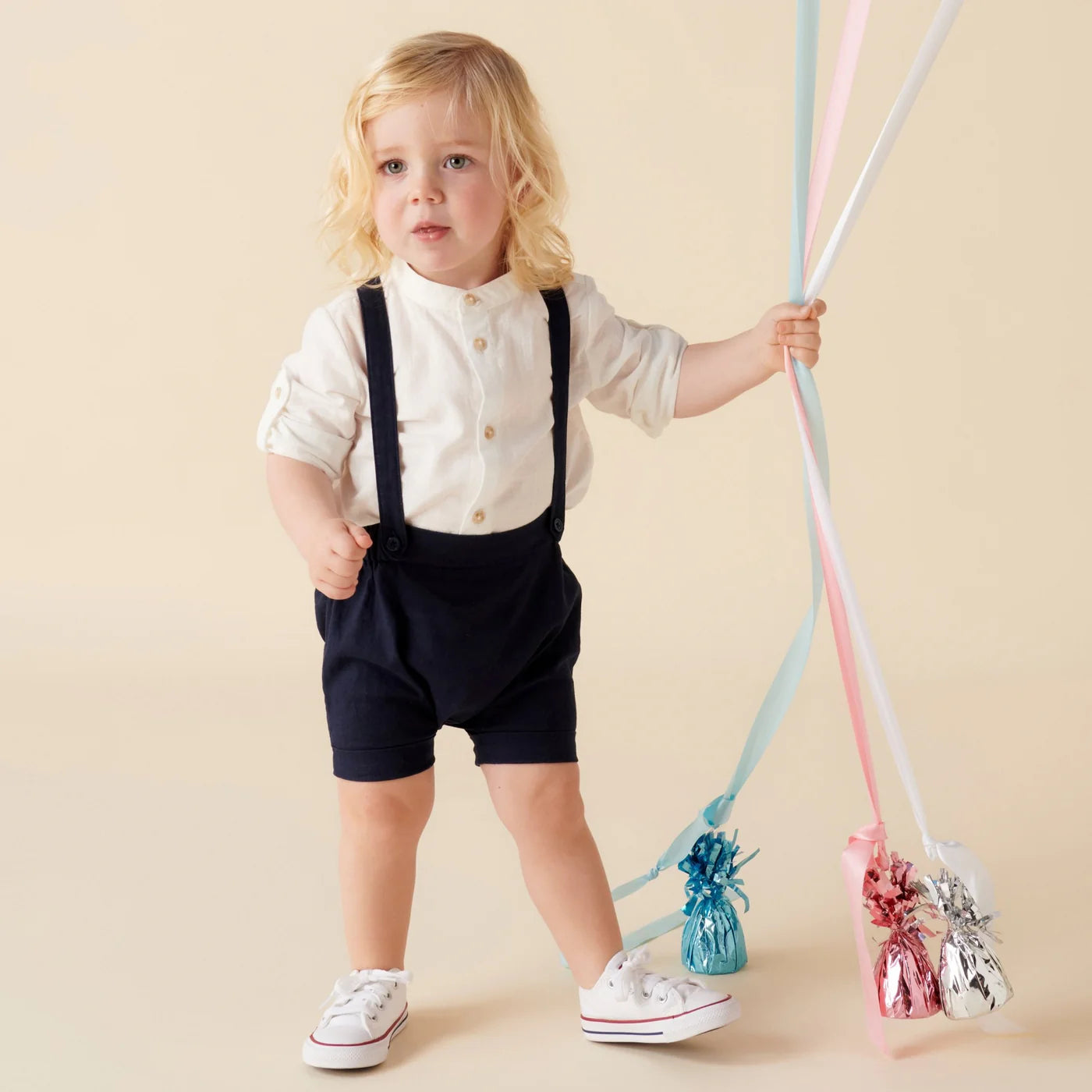 Designer Kidz- Navy Finley Linen Suspenders Short