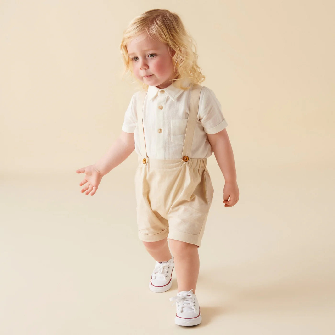 Designer Kidz- Sand Finley Linen Suspenders Short