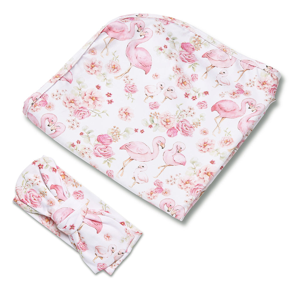 Snuggle Hunny - Flamingos Organic Jersey Wrap & Topknot Set