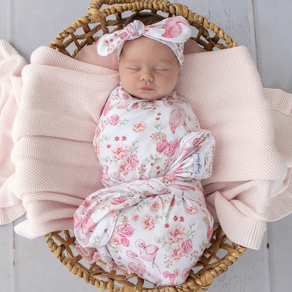 Snuggle Hunny - Flamingos Organic Jersey Wrap & Topknot Set
