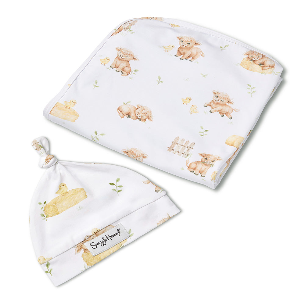 Snuggle Hunny - Highland Cows Organic Jersey Wrap & Beanie Set