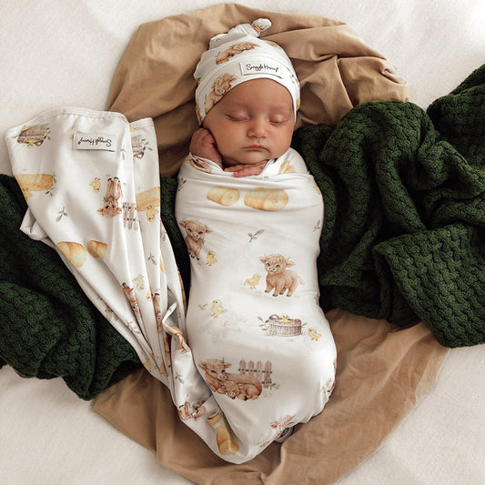 Snuggle Hunny - Highland Cows Organic Jersey Wrap & Beanie Set