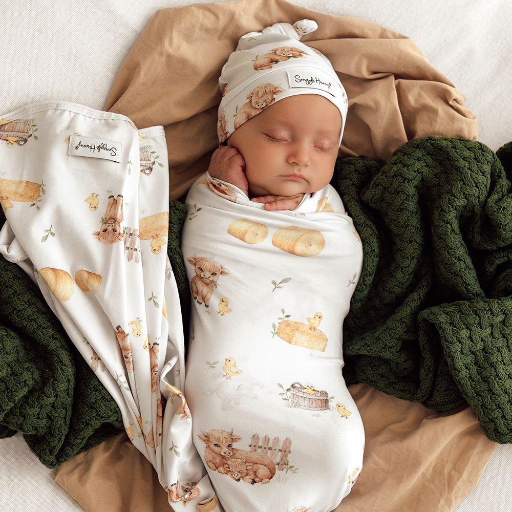 Snuggle Hunny - Highland Cows Organic Jersey Wrap & Beanie Set