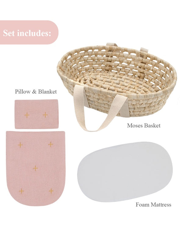 Playground-Rattan Doll Moses Basket Set- Blush