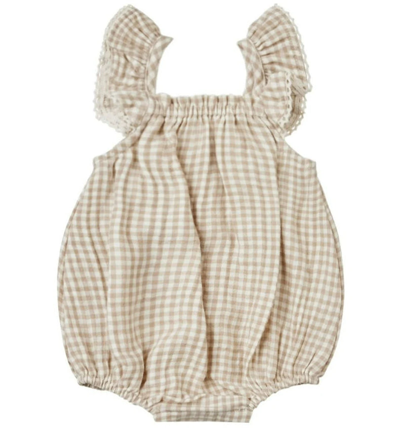 Quincy Mae- Bonnie Romper- Oat Gingham