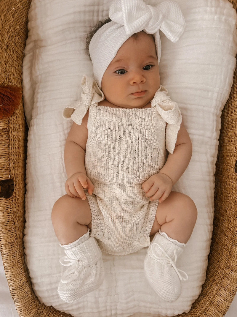 Petit + Co- Textured Cotton Tie Romper- Sand