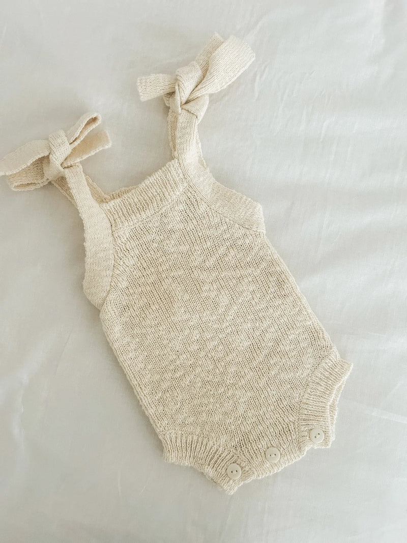 Petit + Co- Textured Cotton Tie Romper- Sand