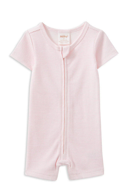 Milky Clothing - Pink Stripe Rib Zip Romper