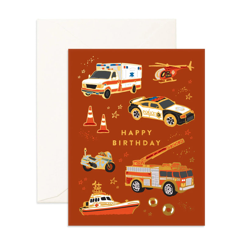 Fox & Fallow-Birthday Emergency Vehicles Greeting Card