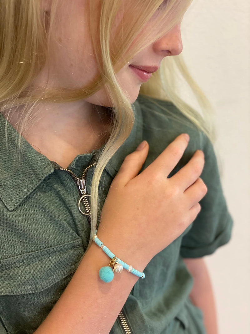 Lauren Hinkley Jewellery- Aqua Pom Pom Stretch Bracelet